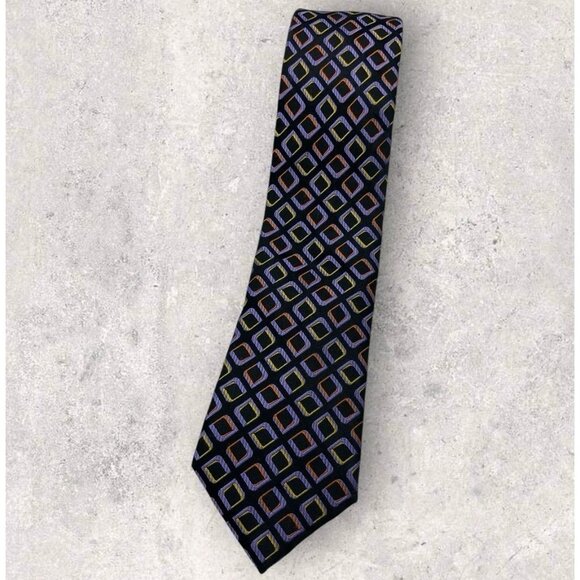 BLACK BROWN 1826 Silk Tie Black Purple Orange Geometric W:3.1" EUC - Picture 1 of 5